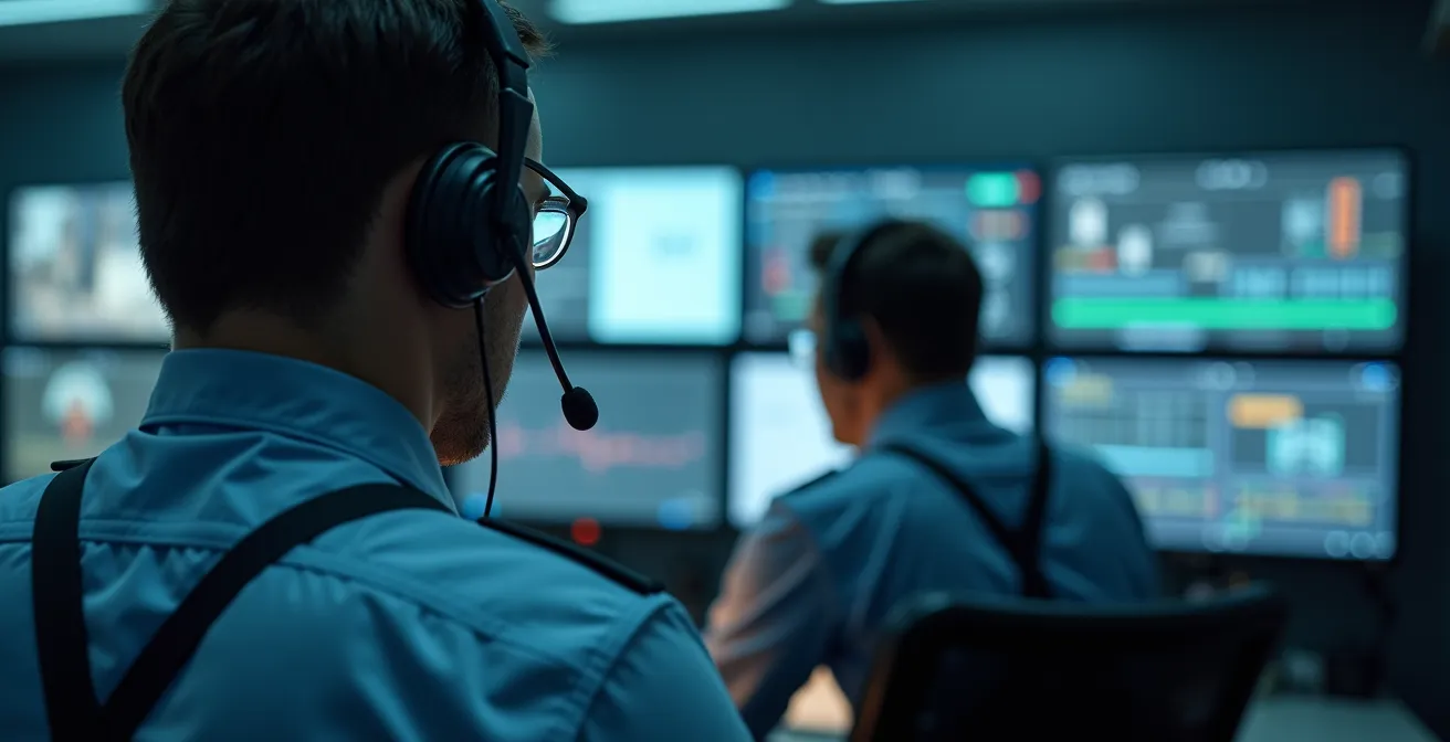 Agent de sécurité surveillant plusieurs écrans de contrôle dans un centre de télésurveillance