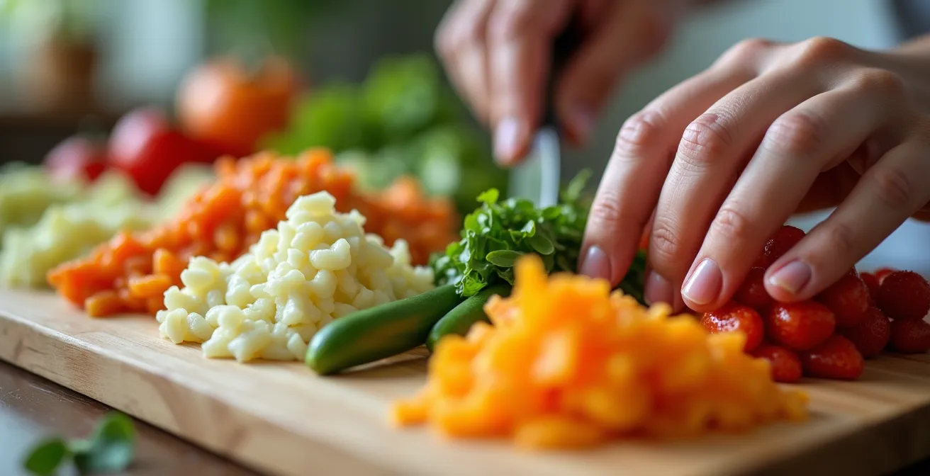 Aide à domicile préparant un repas avec des textures adaptées pour une personne âgée dans une cuisine lumineuse