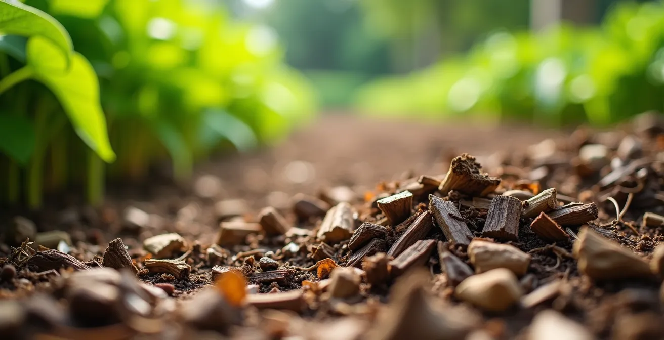 Gros plan sur un paillage naturel autour de plantes avec textures de copeaux de bois