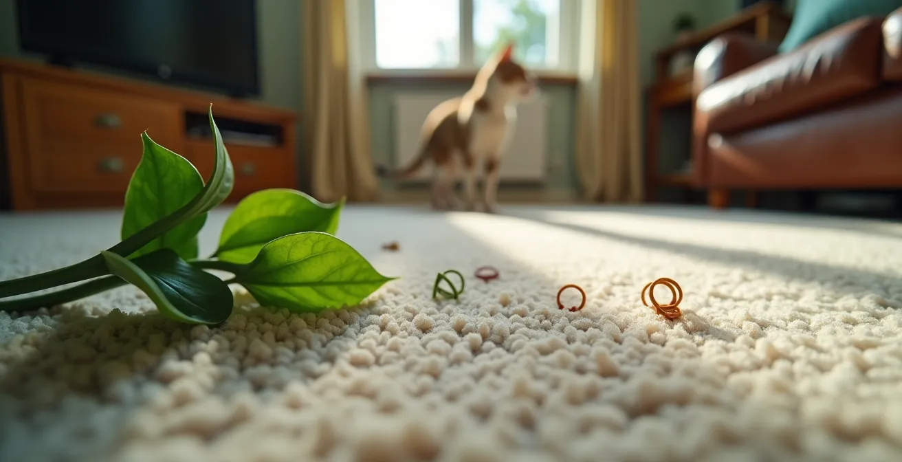 Vue en contre-plongée d'un salon depuis le niveau du sol montrant les dangers potentiels pour un chat