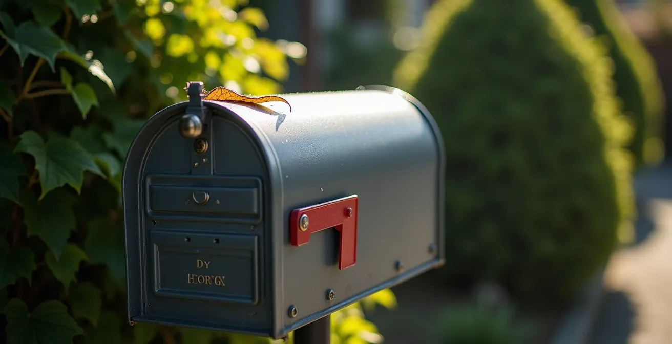 Boîte aux lettres métallique fermée dans un environnement résidentiel avec végétation soignée