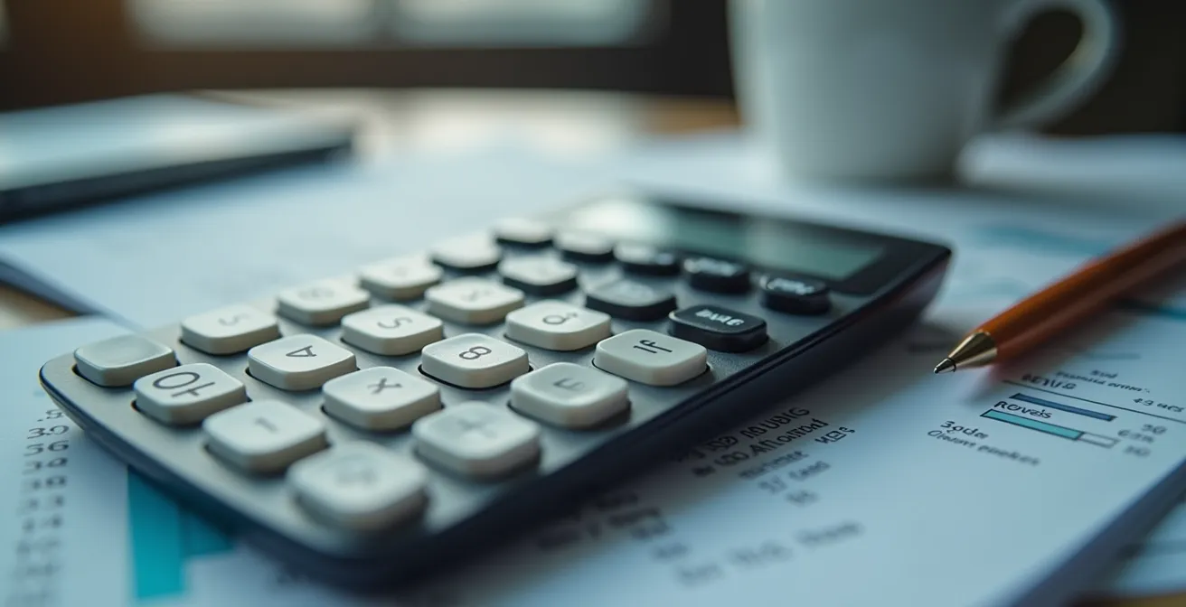 Vue macro d'une calculatrice et de documents financiers flous représentant la planification budgétaire du congé d'aidant