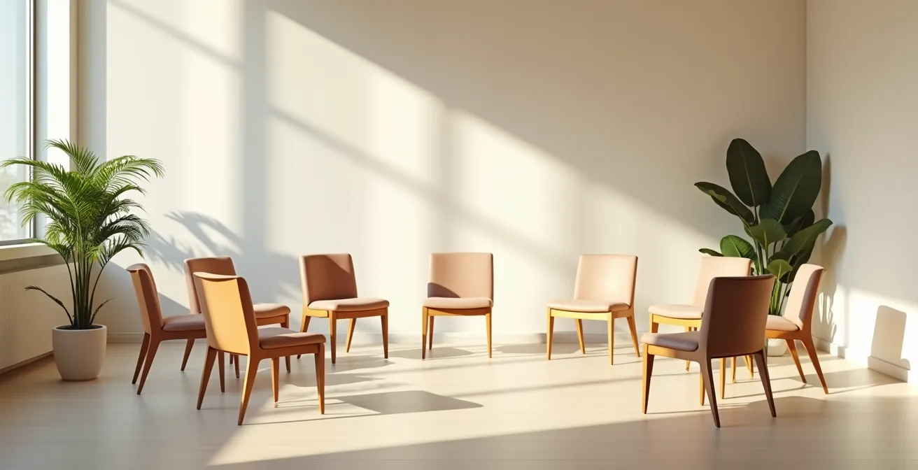 Cercle de chaises vides dans un espace lumineux et accueillant symbolisant l'espace sécurisé du groupe de parole