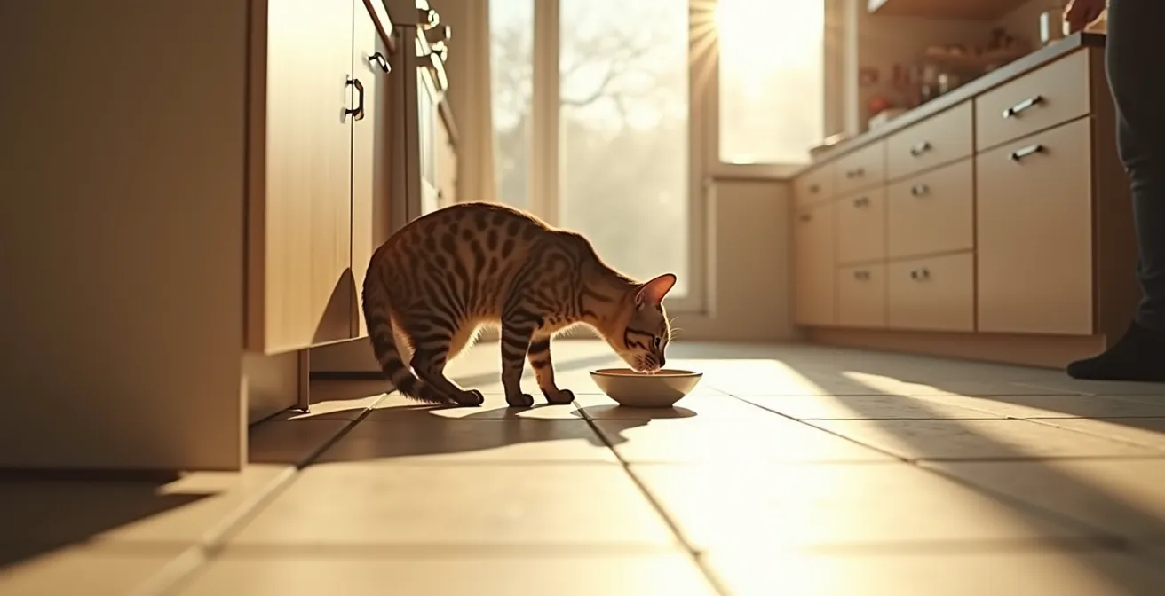 Chat mangeant paisiblement pendant qu'une personne bienveillante prépare sa gamelle dans une cuisine lumineuse
