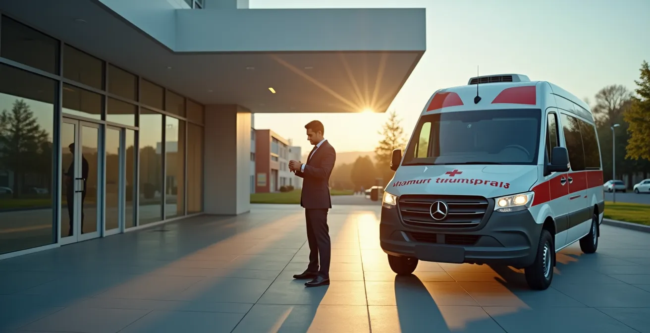 Chauffeur médical vérifiant l'heure devant un établissement de santé