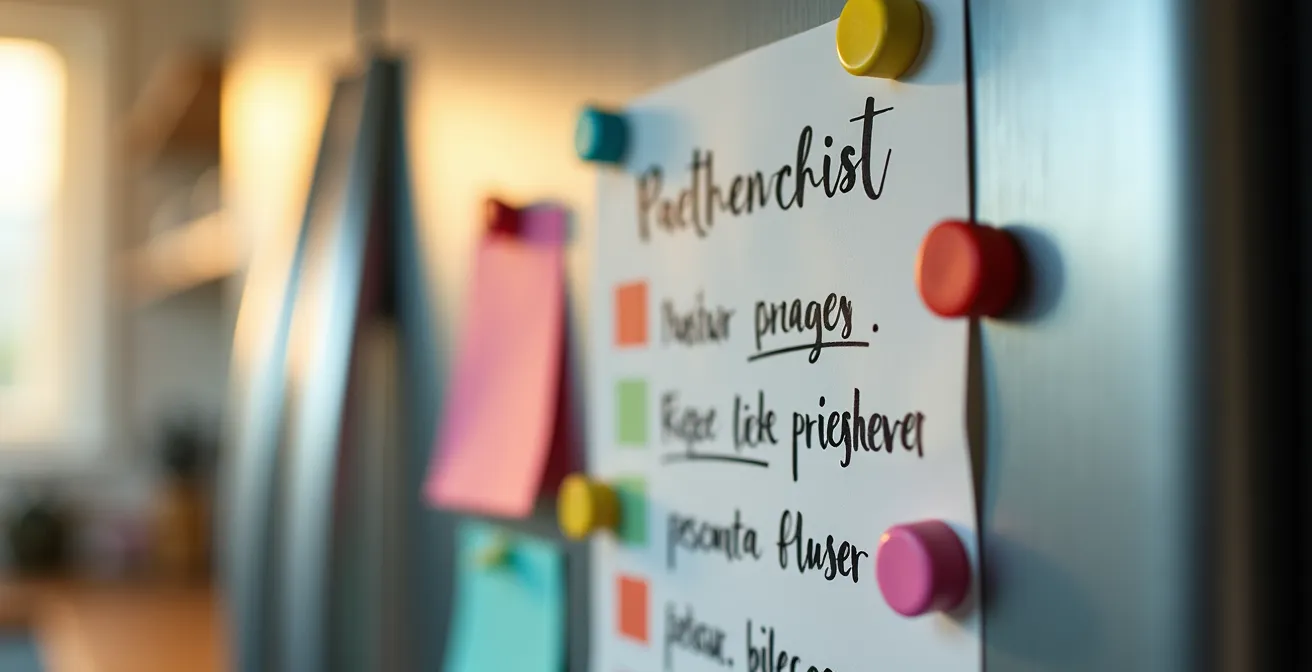 Checklist colorée aimantée sur un réfrigérateur dans une cuisine familiale lumineuse