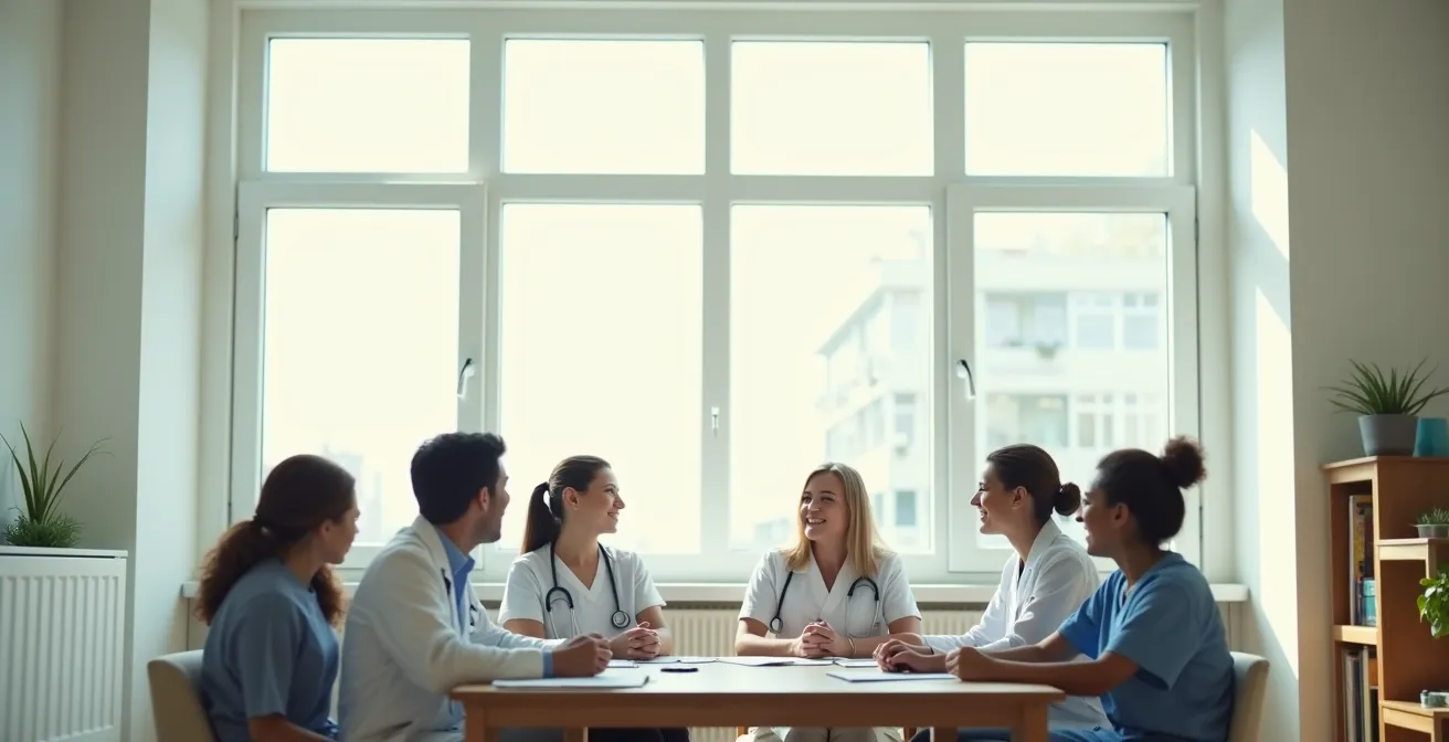 Réunion de coordination entre professionnels de santé et aide à domicile autour d'une table