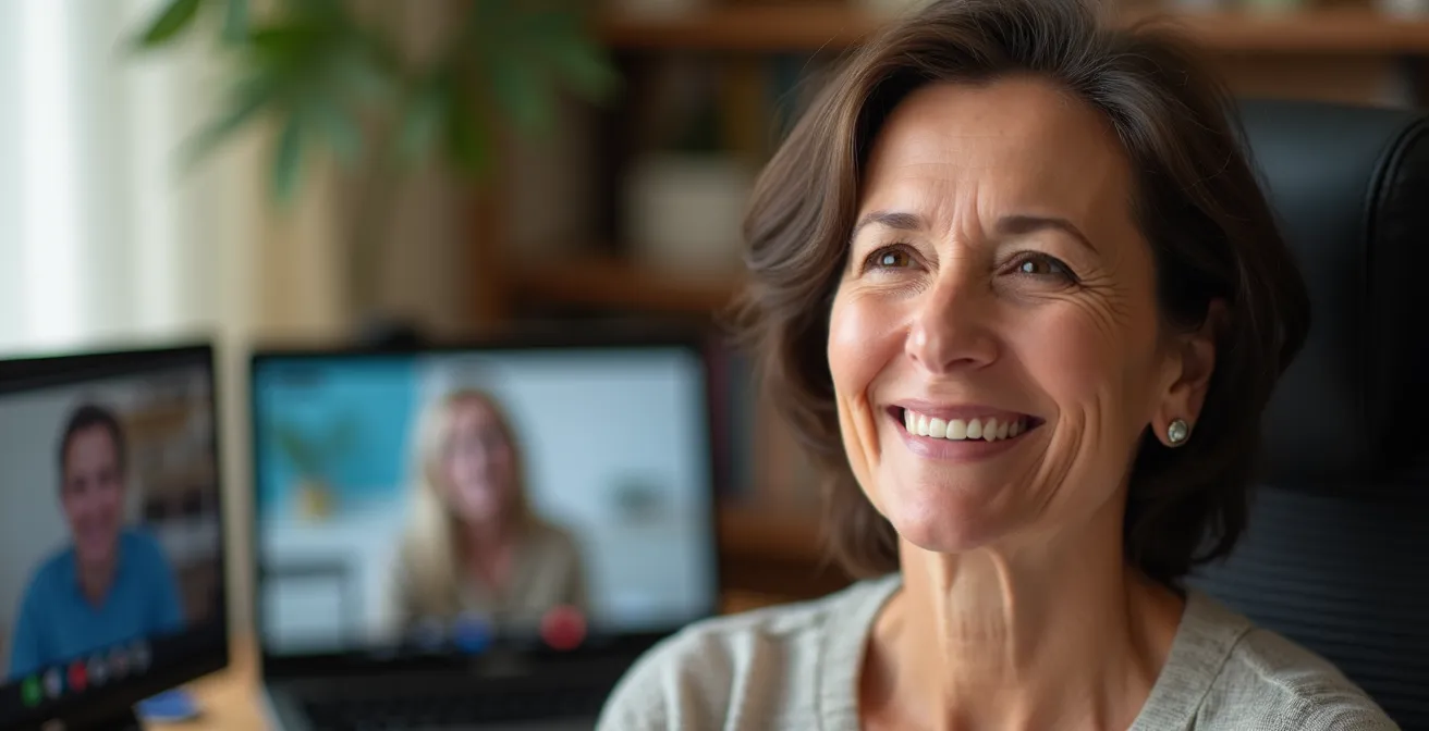 Portrait d'une femme souriante en visioconférence avec plusieurs professionnels de santé sur écran flou en arrière-plan