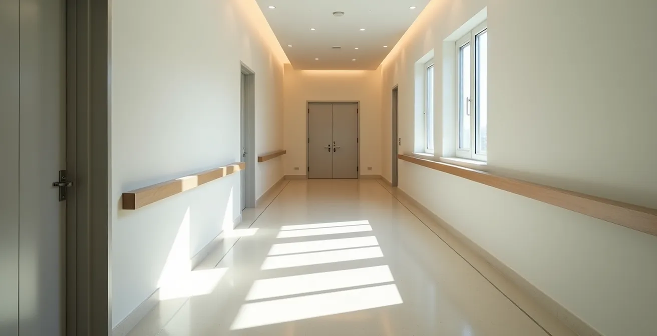 Couloir dégagé avec sol antidérapant et éclairage LED au niveau des plinthes