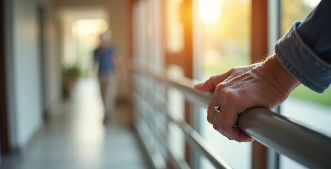 Couloir lumineux et dégagé adapté à la mobilité réduite avec barres d'appui