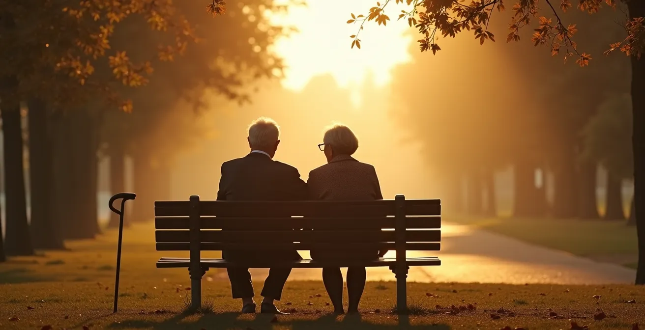 Scène minimaliste montrant deux silhouettes assises côte à côte sur un banc dans un parc, lumière dorée d'fin d'après-midi, espace négatif important