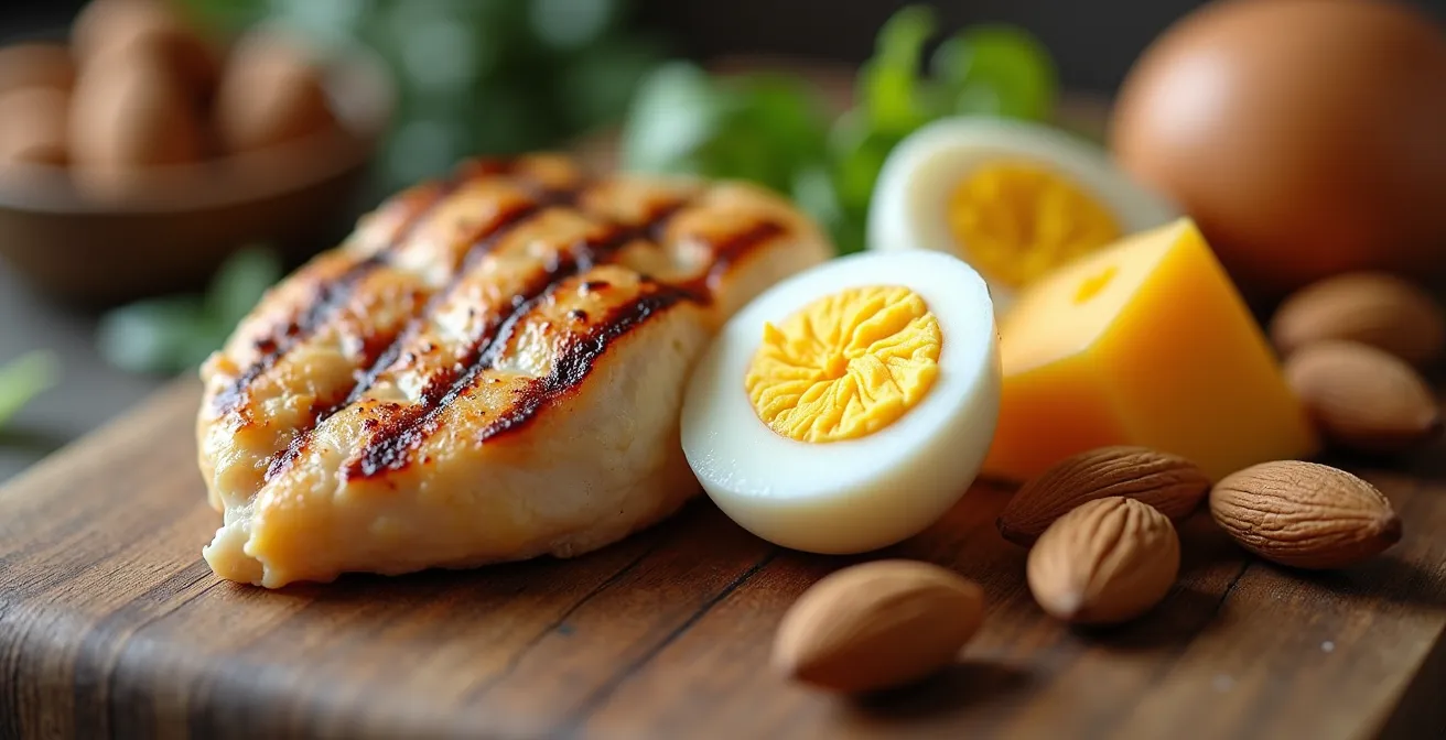 Vue macro d'aliments riches en protéines sur une table en bois naturel