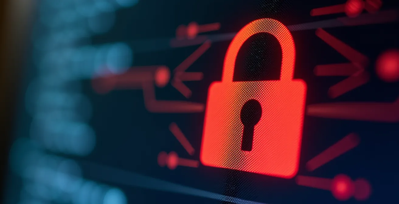 Vue macro d'un écran montrant un cadenas brisé symbolisant une tentative de phishing