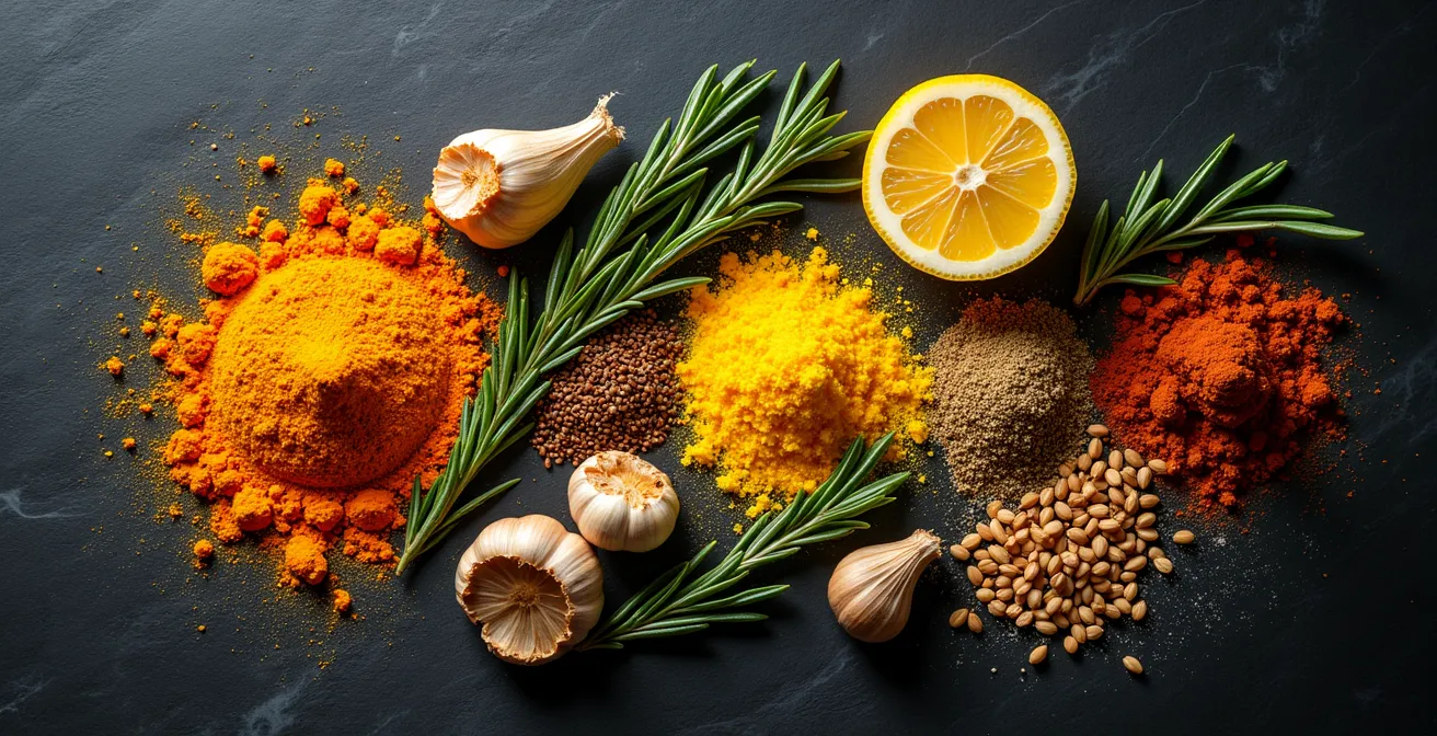 Composition d'épices et aromates colorés pour rehausser naturellement le goût des plats sans sel