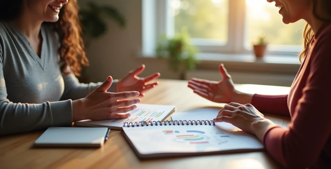 Entretien d'évaluation bienveillant entre employeur et aide à domicile dans un cadre chaleureux