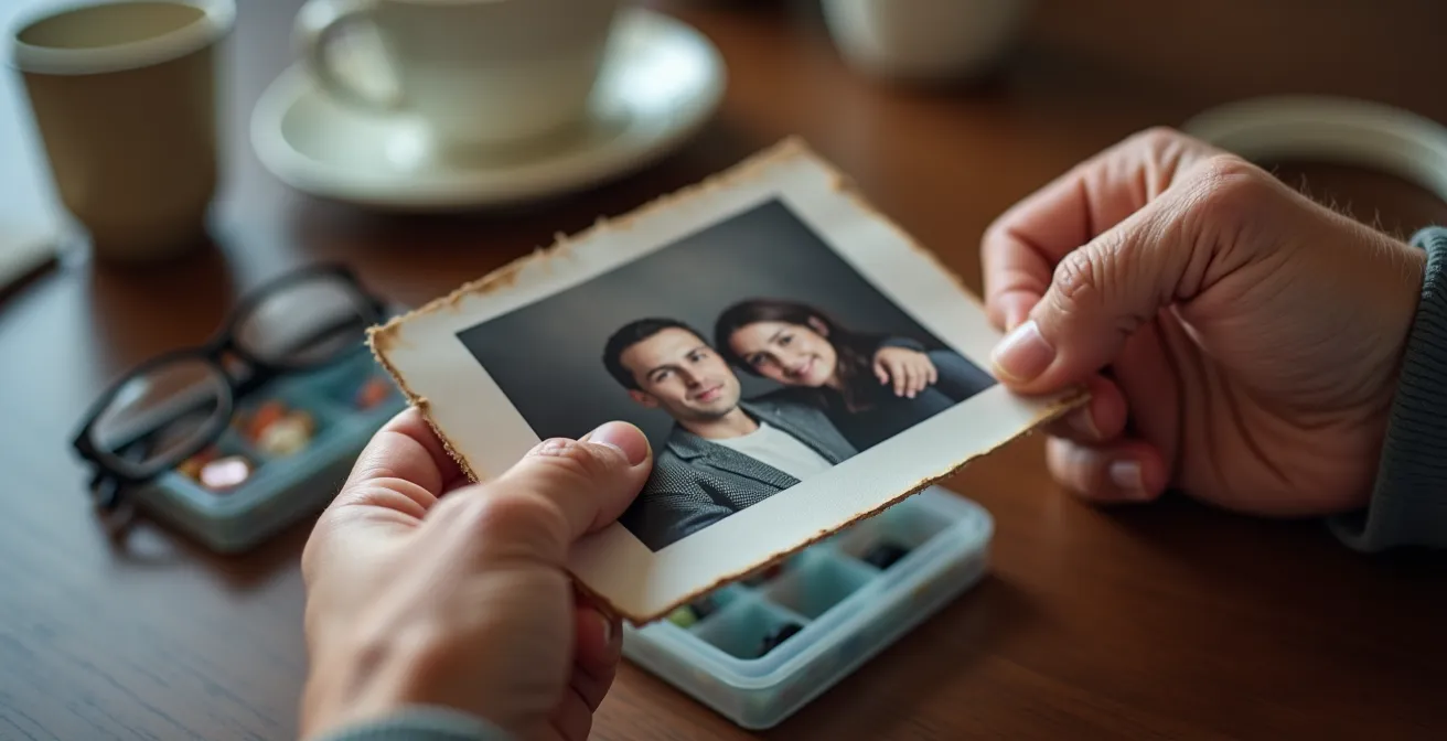 Vue macro d'une main âgée tenant délicatement une photo de famille, texture de peau détaillée, arrière-plan flou montrant des objets du quotidien