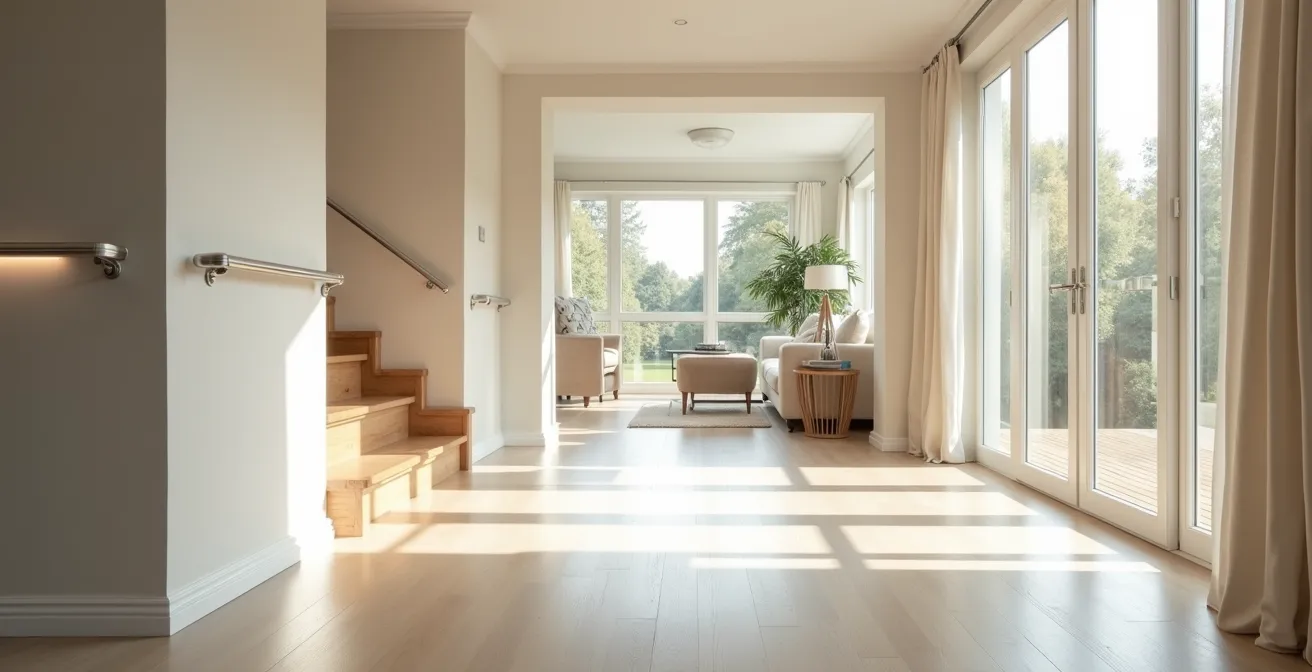 Intérieur moderne adapté aux seniors avec sol antidérapant et éclairage sécurisé