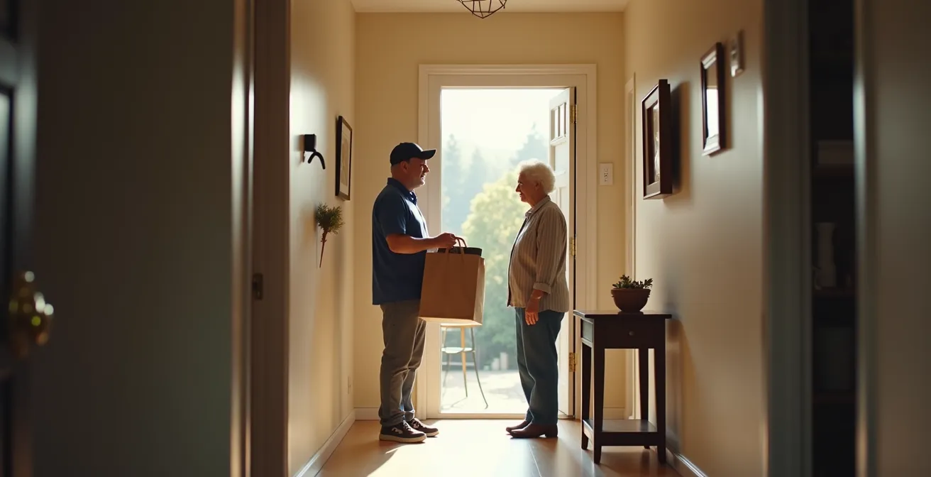 Moment d'échange chaleureux entre un livreur et une personne âgée à l'entrée de son domicile