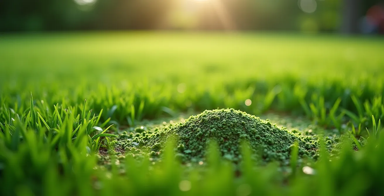 Gros plan sur de l'herbe finement broyée par mulching sur une pelouse verte