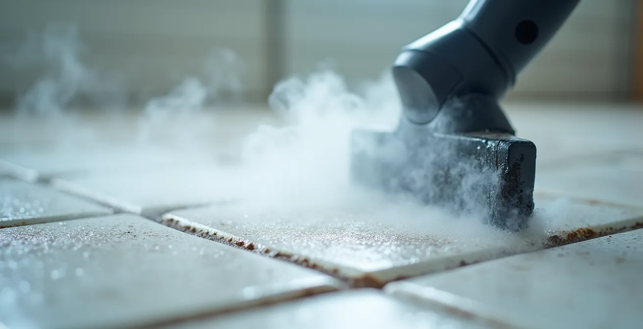 Gros plan sur nettoyeur vapeur professionnel en action sur joints de carrelage