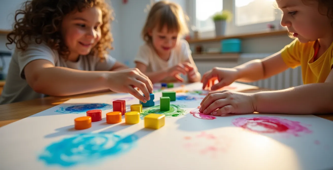 Nounou et enfants engagés dans une activité créative autour d'une table, moment de complicité éducative