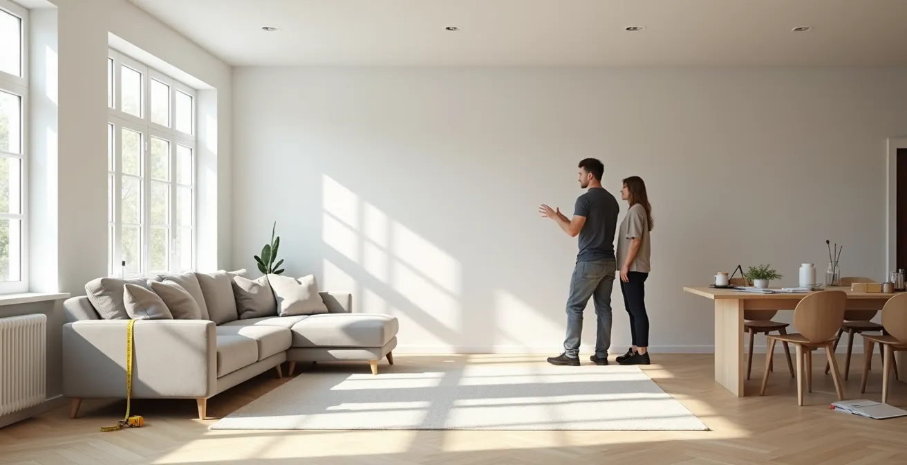 Vue large d'un salon en cours de réaménagement avec un professionnel et une cliente planifiant l'espace