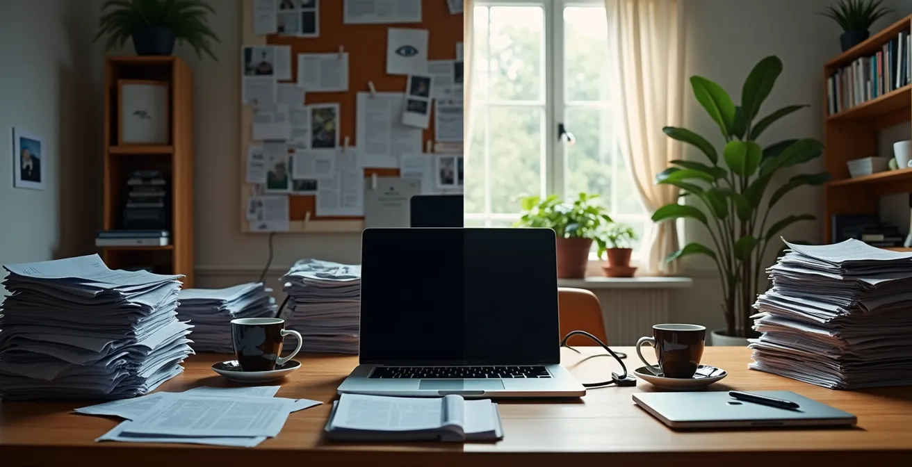 Comparaison visuelle entre un bureau encombré et un bureau épuré symbolisant l'état de l'ordinateur