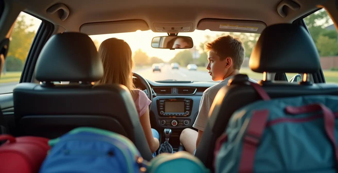 Enfant souriant dans une voiture avec un sac de sport, illustrant une organisation réussie des activités du mercredi après-midi.