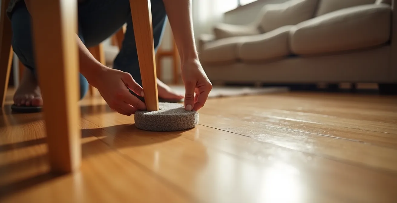 Détail de différents types de patins protecteurs sous pieds de meubles