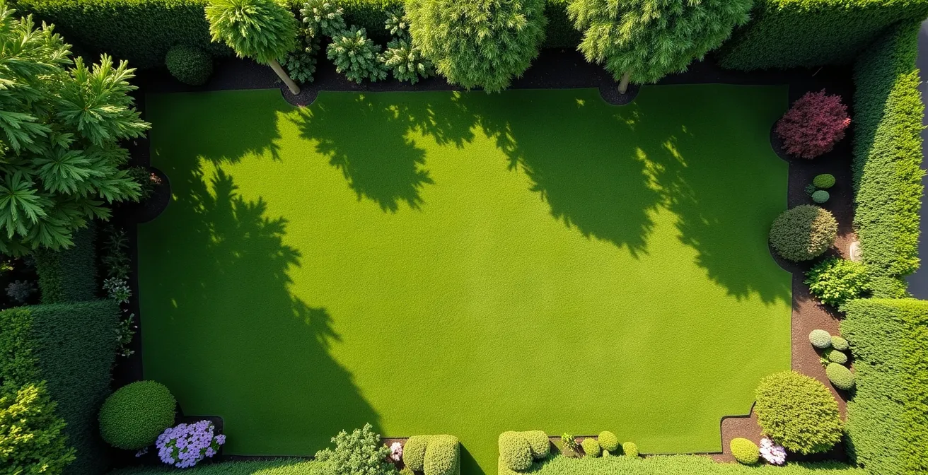 Vue aérienne d'un jardin montrant les différentes zones d'entretien au fil des saisons
