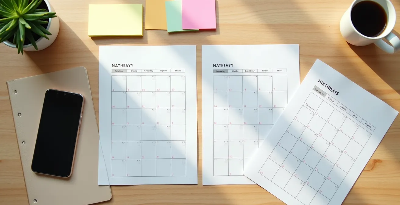 Vue aérienne d'un bureau avec calendrier et documents d'organisation pour le remplacement d'aide à domicile