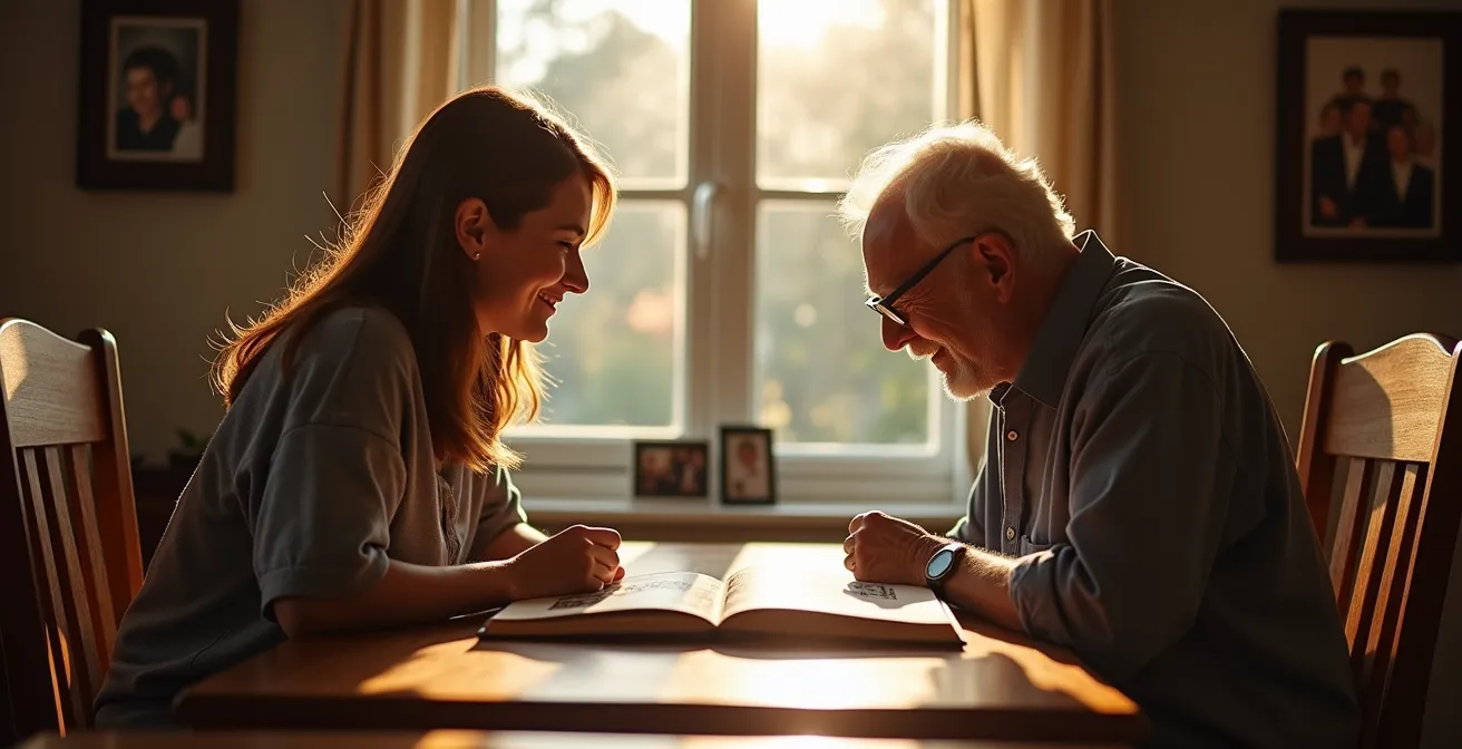 Moment de première rencontre entre auxiliaire de vie et personne âgée autour d'un album photo