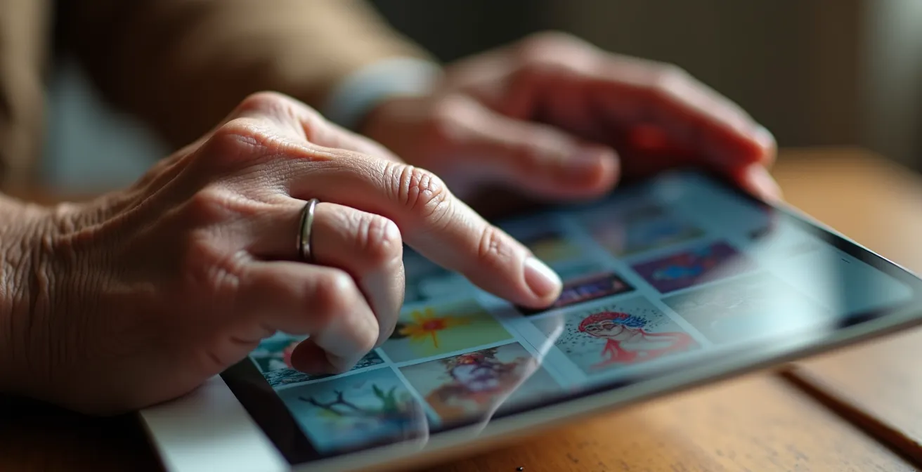 Mains âgées parcourant une visite virtuelle de musée sur tablette numérique
