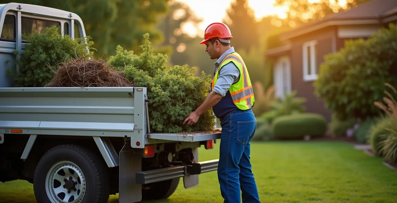 Jardinier professionnel chargeant des déchets verts dans un camion-benne avec équipement de sécurité