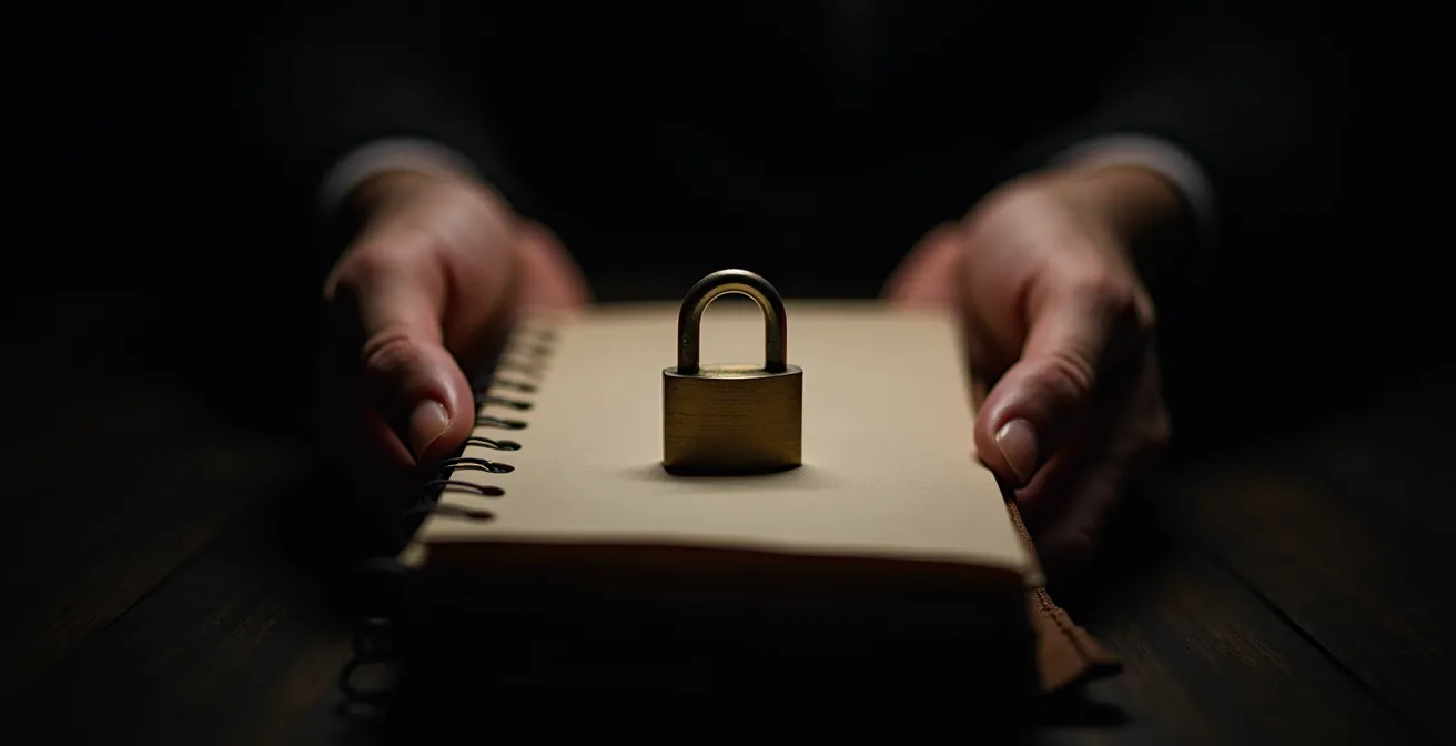 Gros plan sur des mains tenant un cahier fermé avec un cadenas symbolique suggérant la protection des données