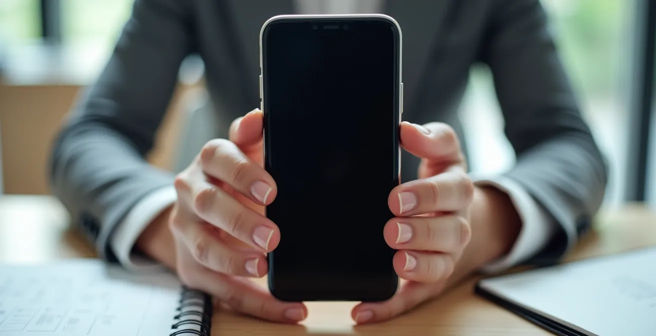 Mains tenant un smartphone, symbolisant l'acte de validation ou de contestation d'une transaction.