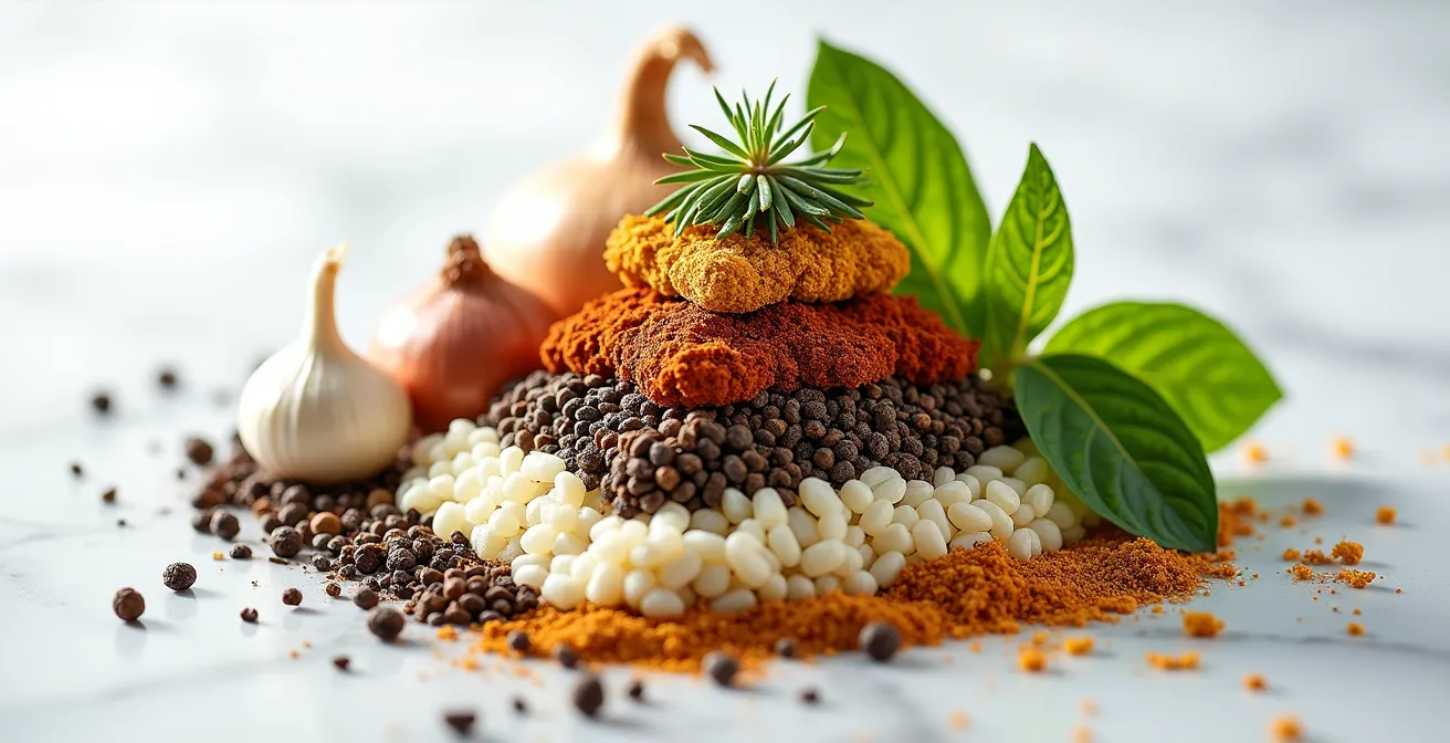 Composition pyramidale d'herbes fraîches, épices torréfiées et zestes d'agrumes illustrant l'architecture des saveurs sans sel