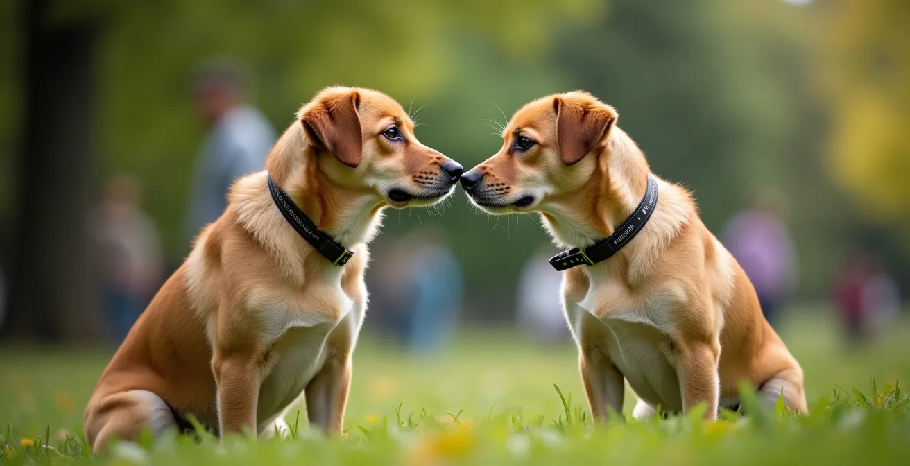 Deux chiens se rencontrant en liberté dans un espace vert, illustrant une interaction sociale naturelle et positive.