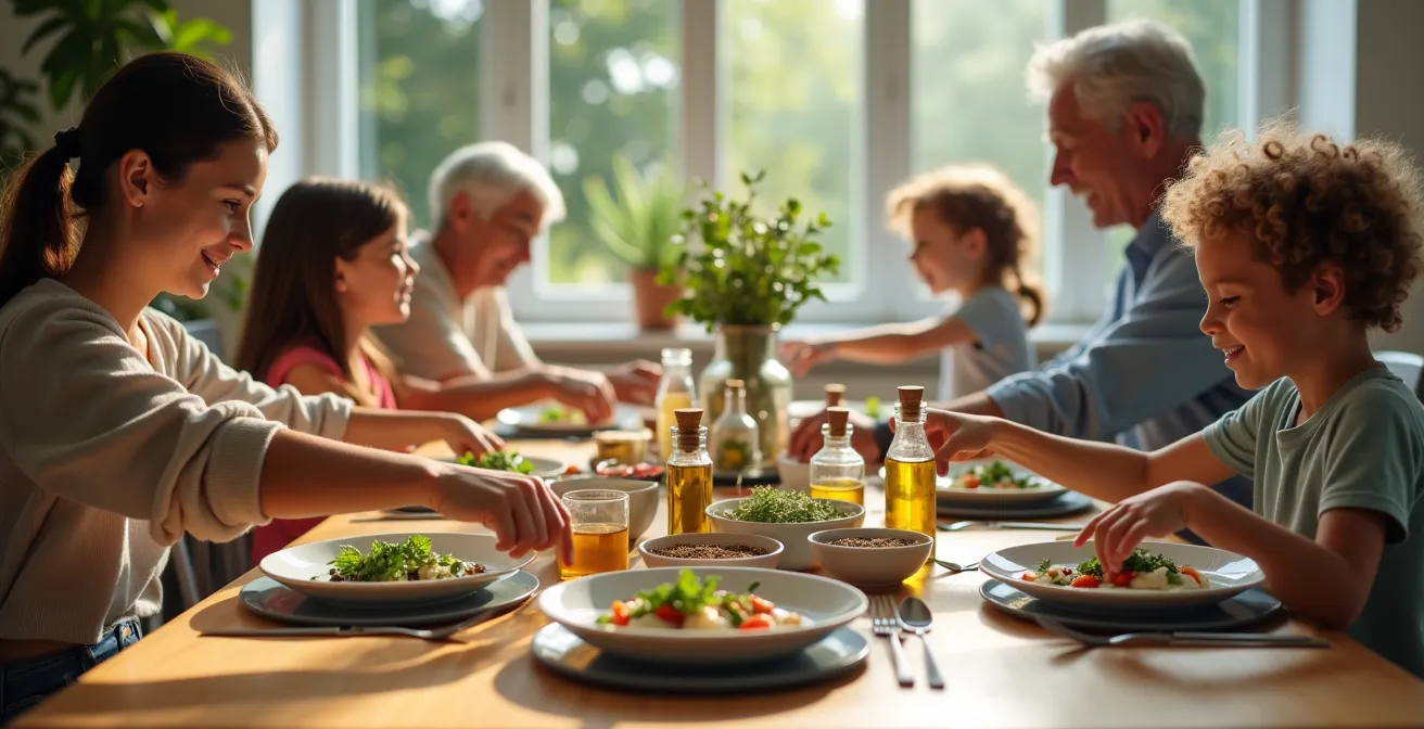 Table familiale avec station centrale d'assaisonnements variés et famille multigénérationnelle partageant un repas inclusif.