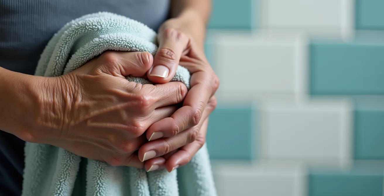 Mains d'une personne âgée tenant elle-même une serviette avec présence bienveillante en arrière-plan