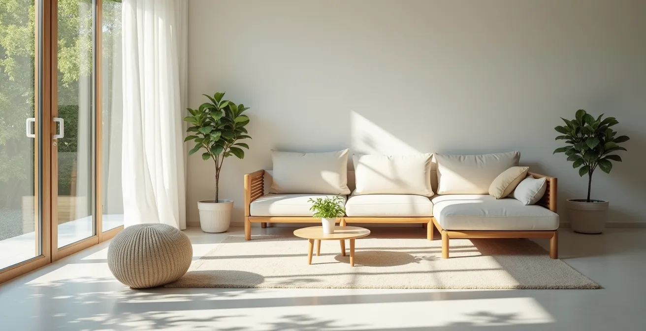 Salon lumineux et impeccable après passage d'un service de ménage professionnel