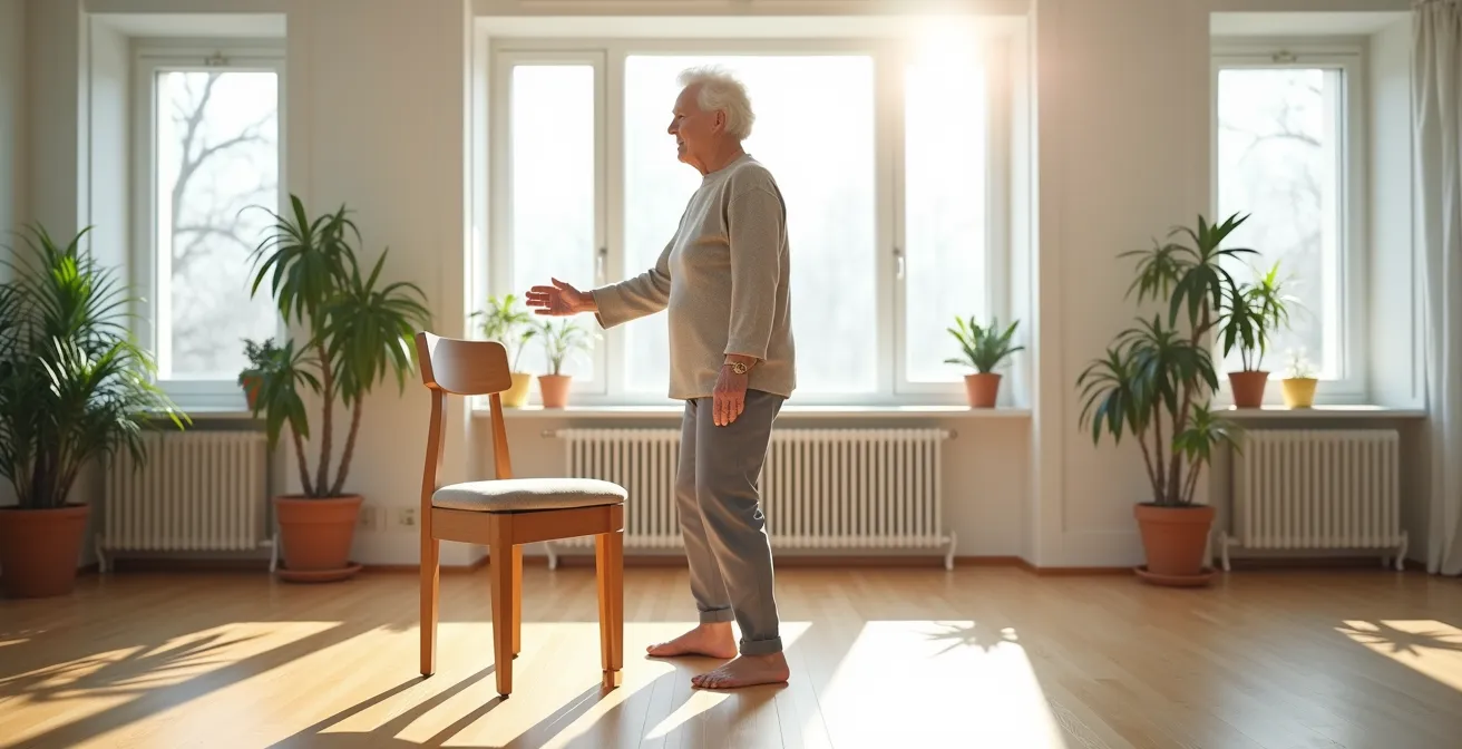 Personne âgée pratiquant un exercice d'équilibre près d'une chaise dans son salon