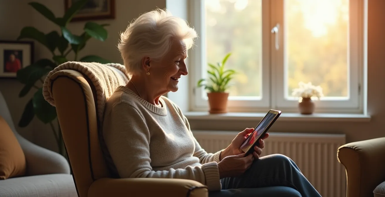 Personne âgée souriante utilisant une tablette pour un appel vidéo avec sa famille dans un salon lumineux