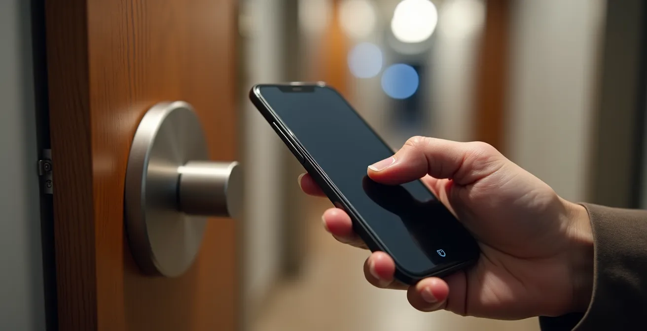 Main tenant un smartphone contrôlant une serrure connectée sur une porte d'entrée moderne