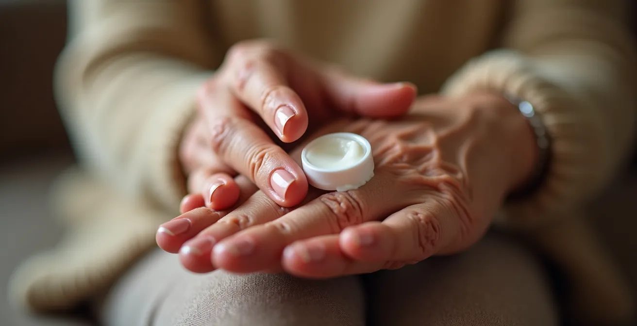 Gros plan sur des mains âgées recevant un soin de manucure avec lumière douce et textures apaisantes