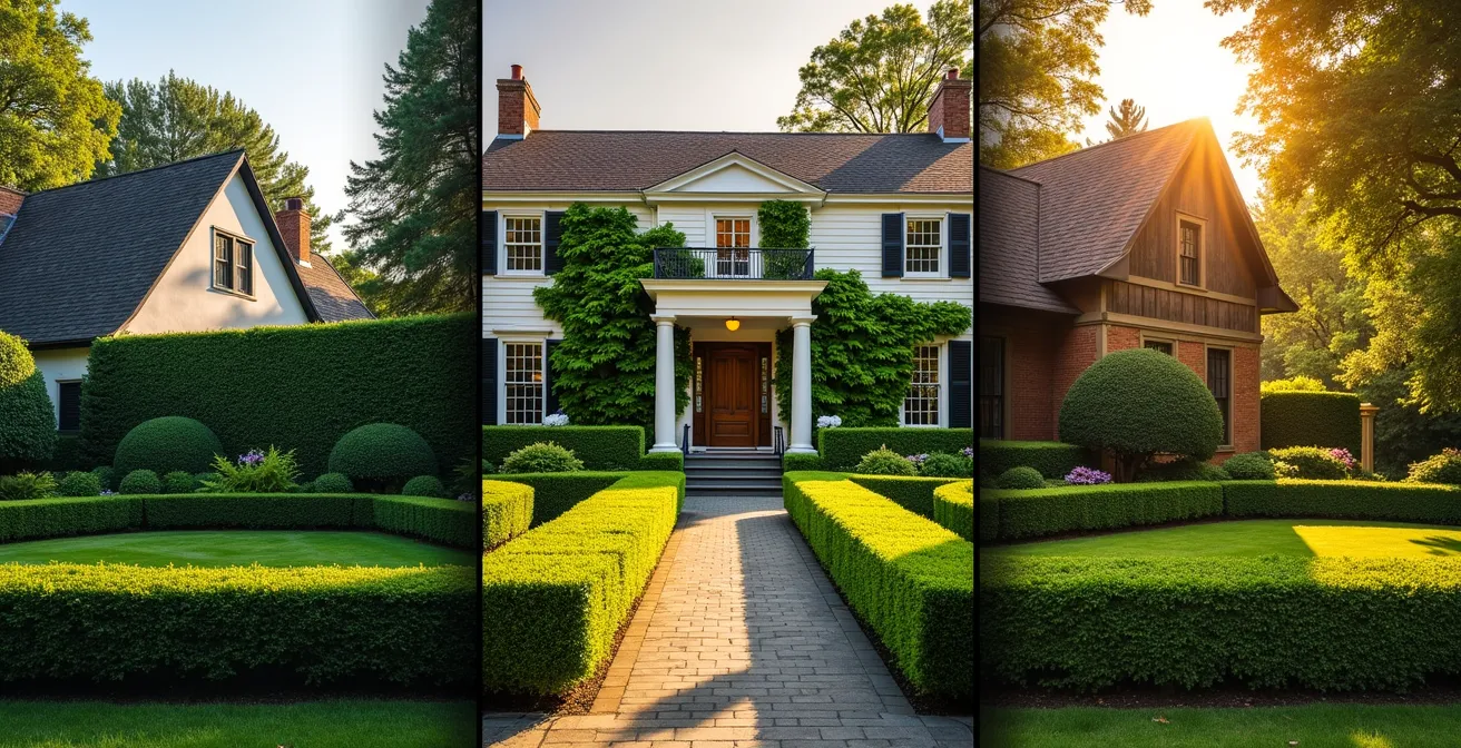 Trois styles de haies différents devant trois architectures de maison : géométrique, libre et champêtre
