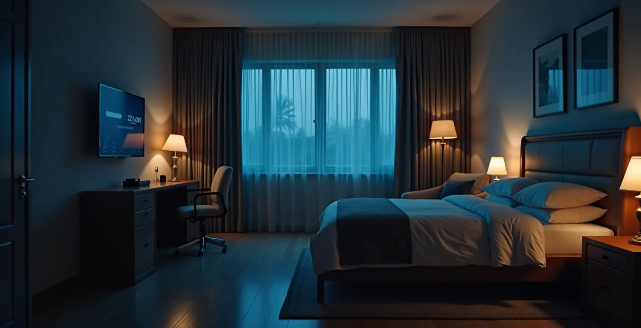 Espace de vie adapté la nuit avec éclairage tamisé et équipements de sécurité discrets