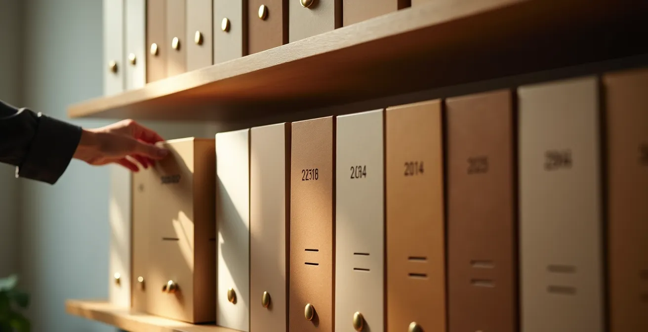 Étagère avec boîtes d'archives organisées par année