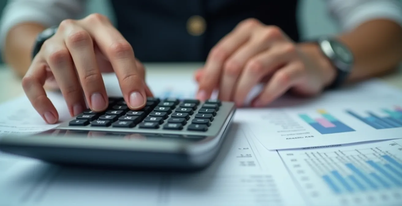 Personne utilisant une calculatrice pour suivre son budget, avec des documents financiers en arrière-plan.