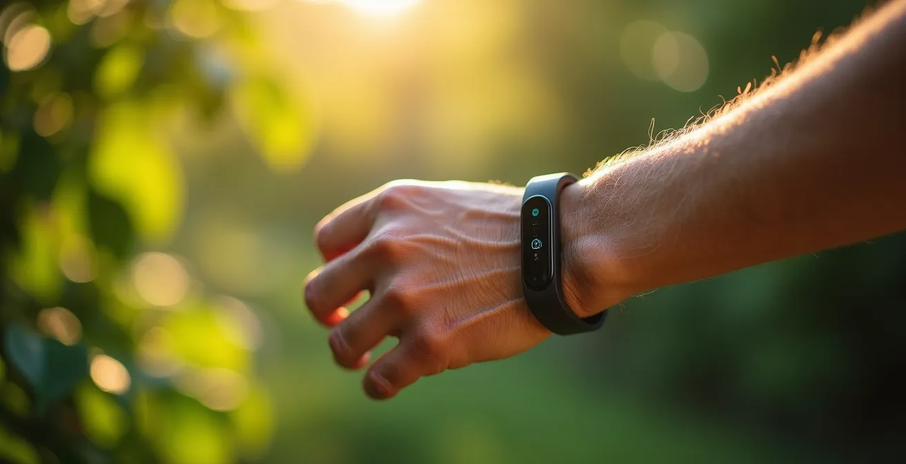 Main âgée portant un bracelet de téléassistance discret dans un jardin ensoleillé